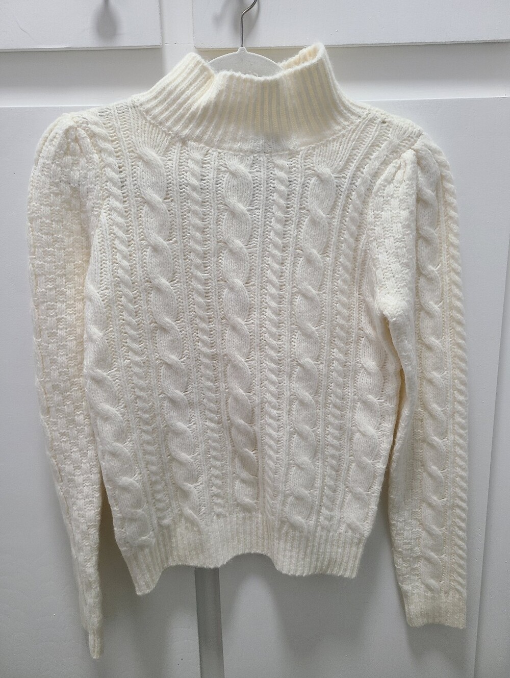 Ann Taylor White Cable Knit Mock Neck 80s Style Puff Sleeve Sweater XS, NWT